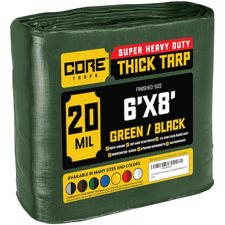 Core Tarps Heavy Duty Tarp, 8 ft L x 0.5 mm H x 6 ft W, 20 Mil, Green/Black, Polyethylene CT-703-6X8